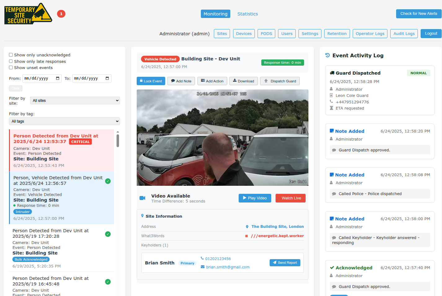 Argus monitoring platform dashboard - BS EN62676-4:2015 compliant