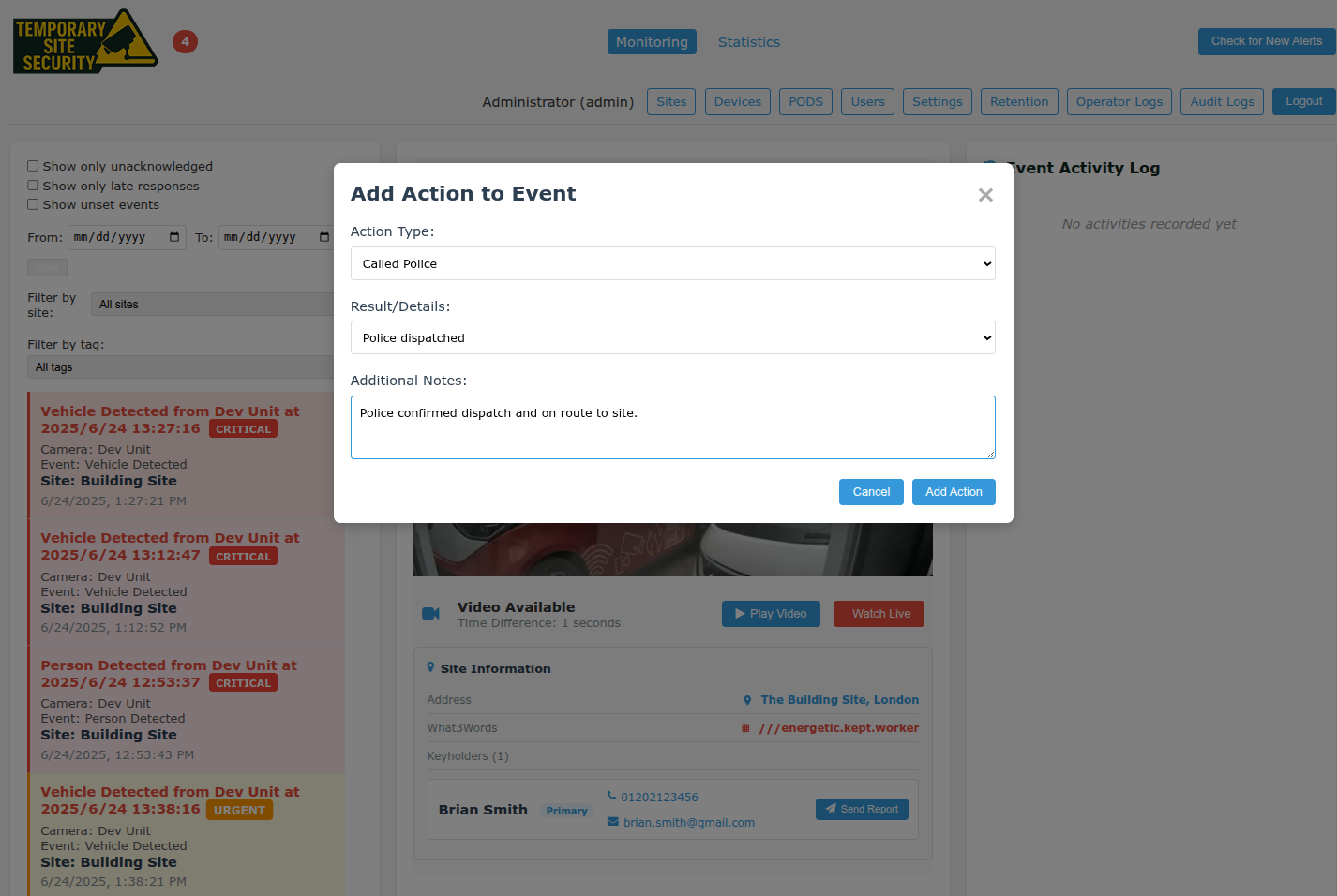 Security event management and alert system interface